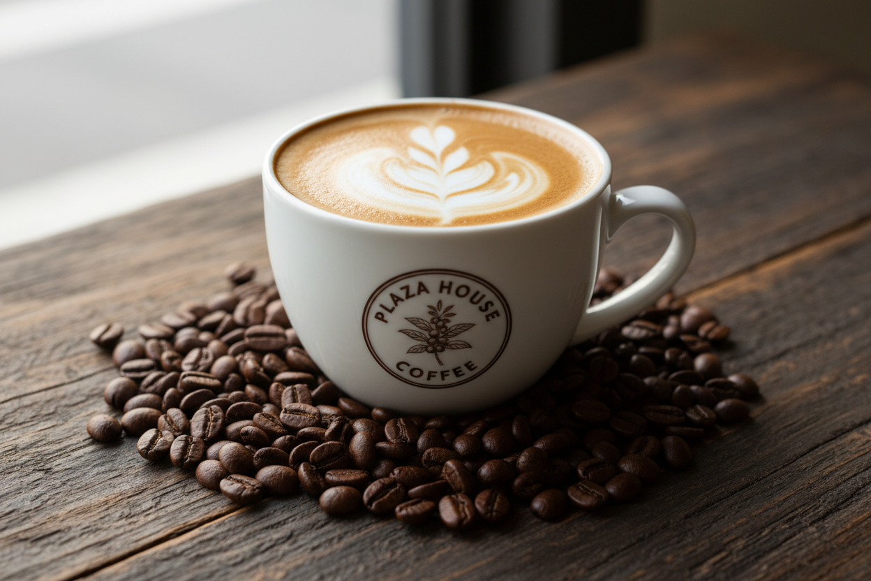 a latte with Plaza House logo on the cup surrounded by coffee beans